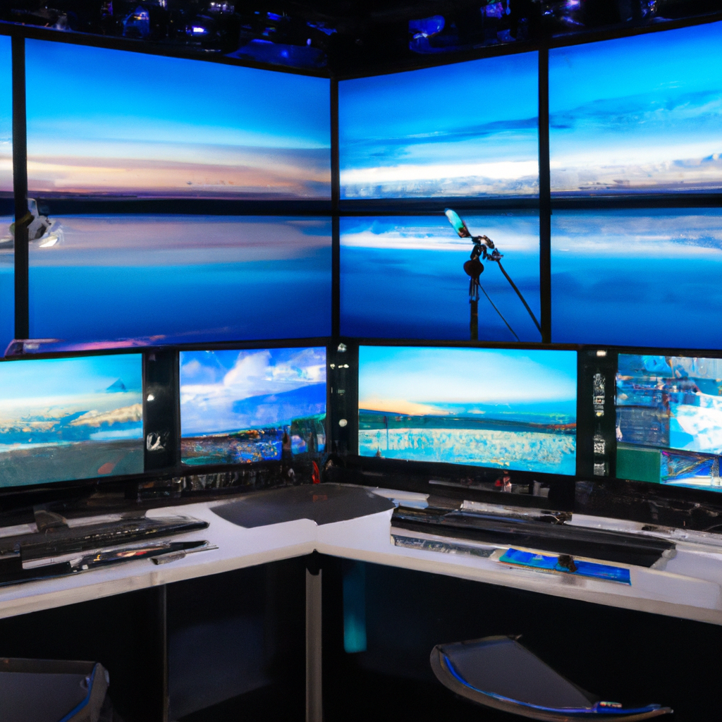 Sala de edición de noticias en Buenos Aires con múltiples monitores y timeline